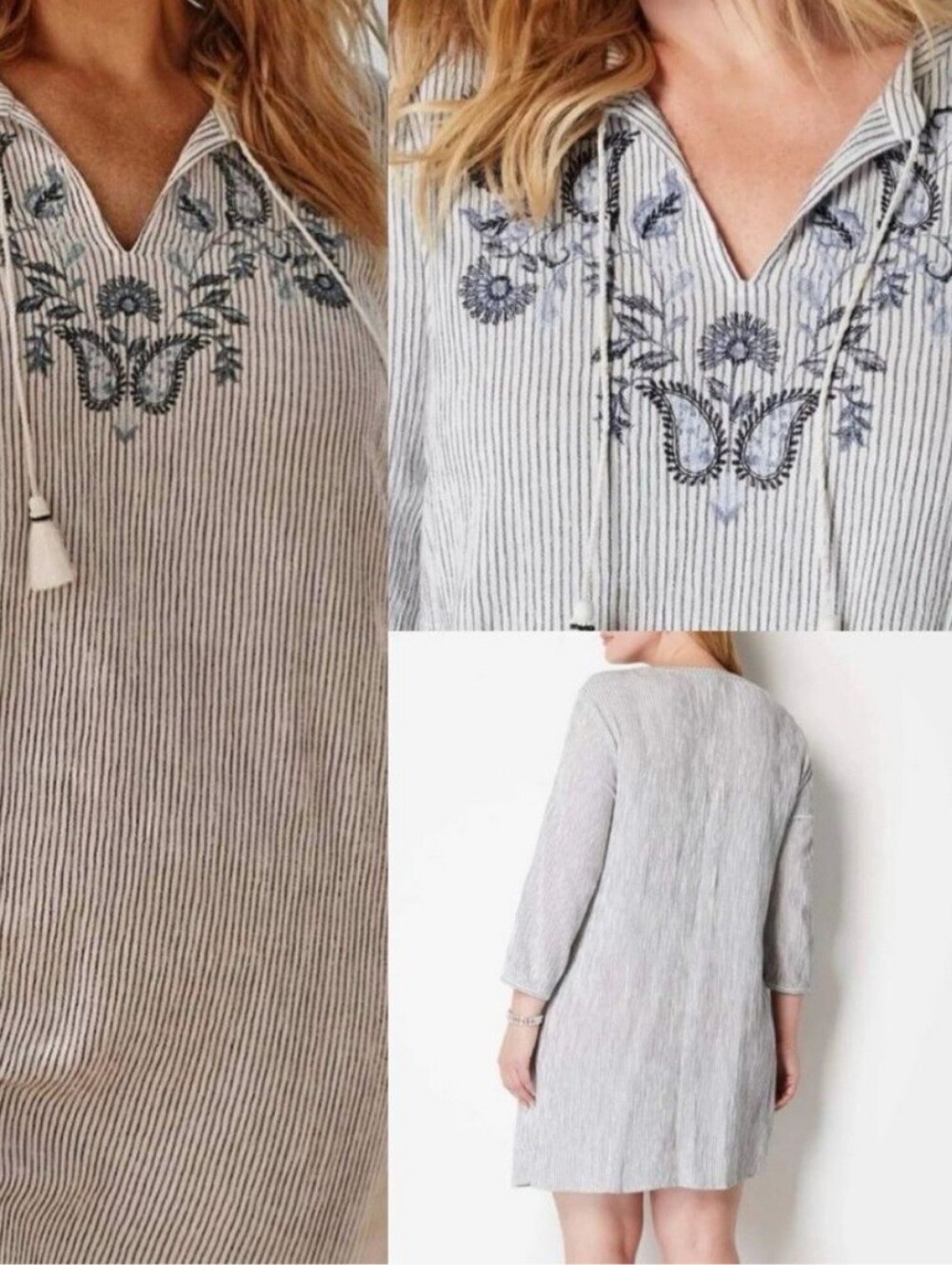 J. Jill Striped Embroidered Tunic Dress in Light Gray and Navy Sz M